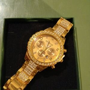 Geneva Gold Chronograph Watch with Crystal Accents